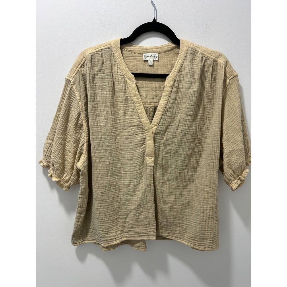 Wonderly Womens Cotton Gauze V-Neck Top Beige Tan Ruffle Sleeve Blouse Large